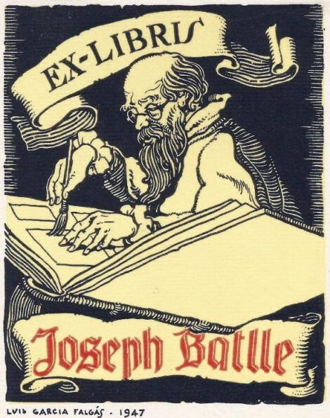 Cataleg d’exlibris #1829 Exlibris de Joseph Batlle, realizado por Luis Garcia Falgás en 1947